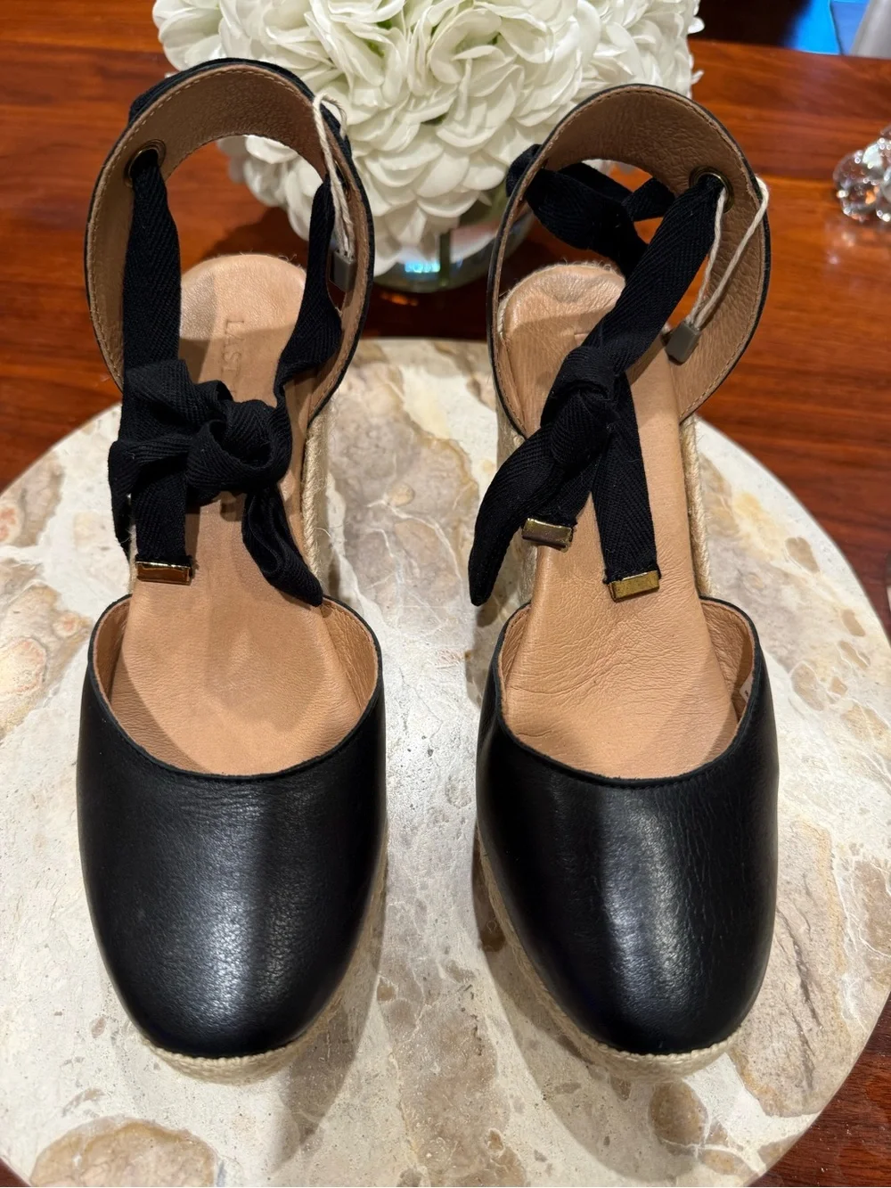 Last Studio Black Women's Leather Espradrille Wedge Sandals with Tie Sz 7 1/2